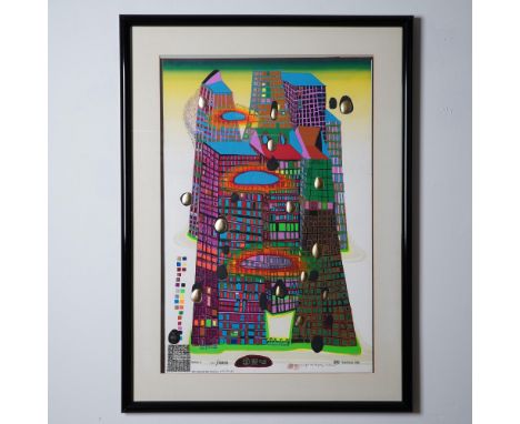 Vibrant and dynamic serigraph titled Good Morning City-Bleeding Town, created by Austrian artist Friedensreich Hundertwasser 