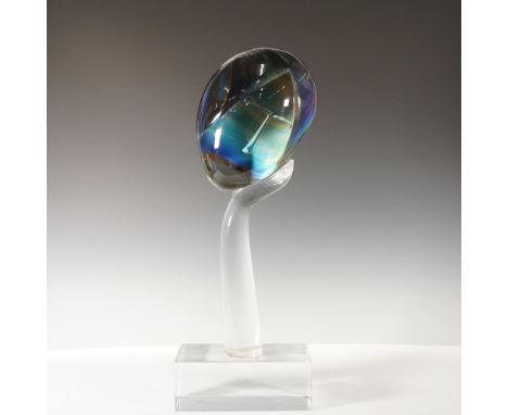 Art glass sculpture by Murano artist Loredano Rosin, depicting an abstract hand supporting a stylized face. The face features