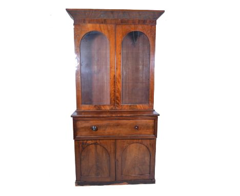 Victorian mahogany secretaire cabinet, double-glazed doors above a deep pull-out desk drawer, fully fitted interior, and two 