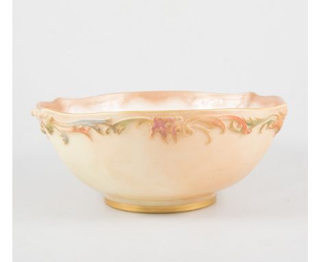 Royal Worcester rose bowl, slightly shaped, moulded and painted decoration with scallops and scrolls against a blush ground, 