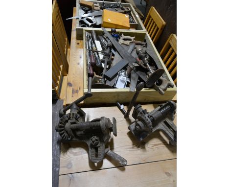 Two trays of carpentry tools including two floor clamps and a boxed Stanley plane.