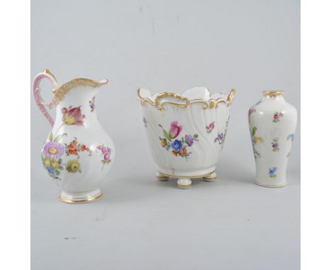 Dresden porcelain planter, floral decoration, 16cm; two similar jugs; two vases, and a dish.  (6)