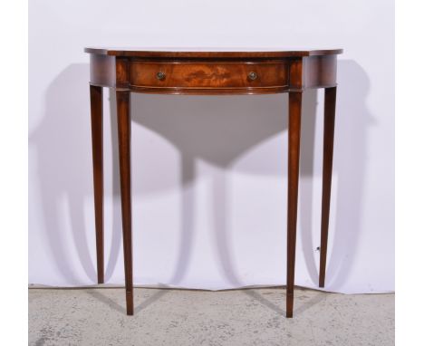 Reproduction mahogany bow and breakfront console table, fitted with a single drawer, square tapering legs.