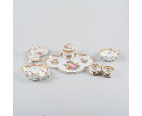 Dresden porcelain deskstand, quatrefoil shape, 20cm; two Dresden leaf-shaped dishes, chamber stick etc. (6)