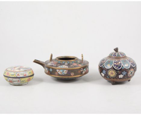 Pair of Chinese enamelled circular boxes, of cushion form, decorated with figures, diameter 8cm, a Cloisonne covered jar and 