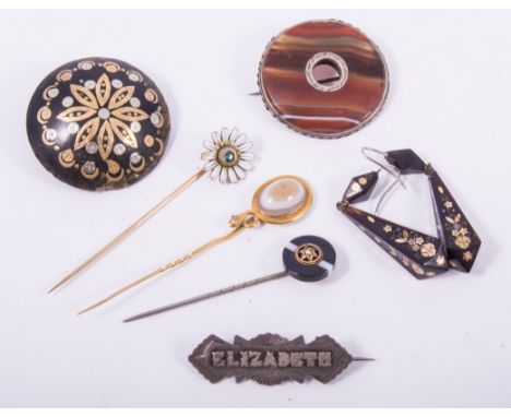 A collection of Victorian/Edwardian jewellery, a pair of pique 35mm four sided torpedo drop earrings, a 40mm domed brooch, a 