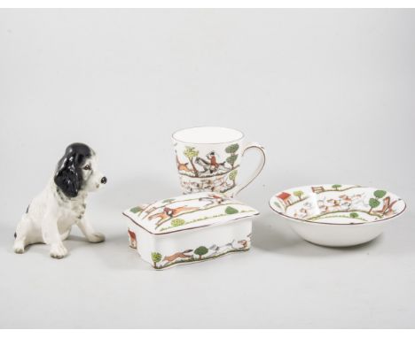 Two Royal Doulton Series Ware dishes and two plates, Crown Staffordshire "Hunting Scene" wares, Aynsley "The Dog" plate, Sylv