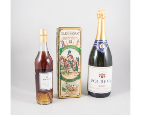Glen Moray 12 year old single highland malt Scotch Whisky (75cl) in a presentation tin, a magnum (150cl) of Pol Remy Brut, a 