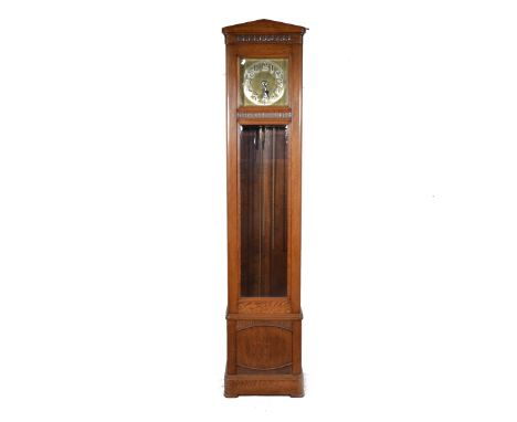 Edwardian oak longcase clock, glazed door, square brass and part silvered dial, three chain weight driven movement striking o