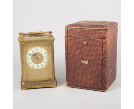 French brass cased carriage clock, platform escapement, non-striking, Moroccan band travelling case.