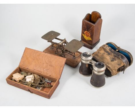 A set of postal scales and weights, small balance scales in mahogany box, blotter, cased binoculars etc. 