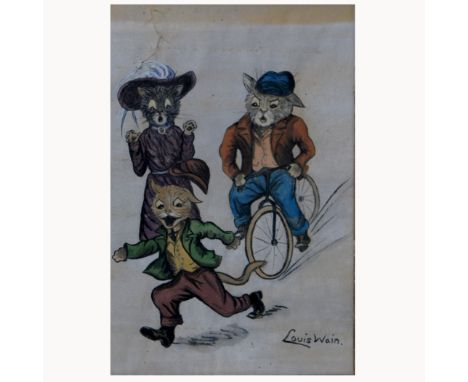 After Louis Wain, three cats, fair signature, mixed media, 27 x 17cm, and  two other studies.(3)