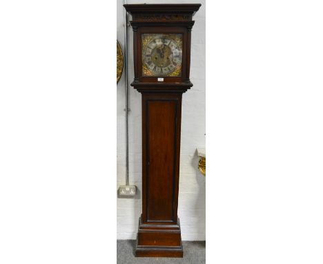 Small stained wood longcase clock, square brass dial signed John Wise, London, with subsidiary second dial and date aperture,