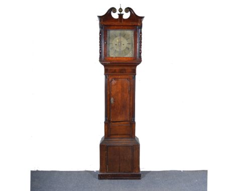 Oak and mahogany longcase clock, square brass dial signed John King, with subsidiary second dial and date aperture, cast roco