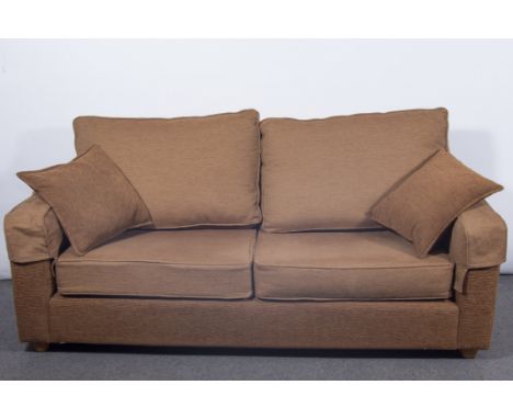 Contemporary large two-seat sofa, retailed by John Lewis, textured brown upholstery, raised on birch effect bun feet, width 1