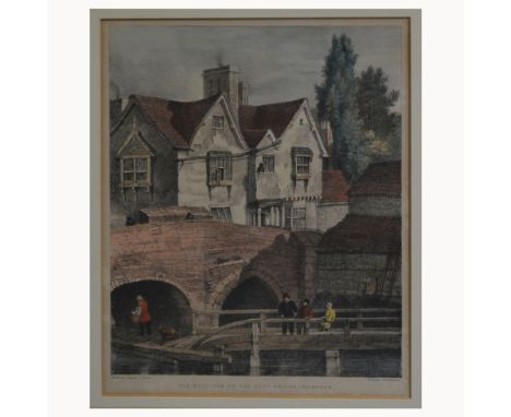 After John Flower, Old Buildings on the West Bridge, Leicester, coloured lithograph, 27 x 21cm and two other prints of old Le