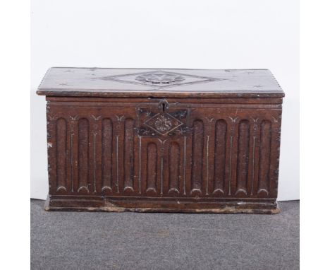Joined oak Bible Box, rectangular boarded lid, with lozenge carving, nulled front panel, width 64cm, depth 34cm, height 33cm.