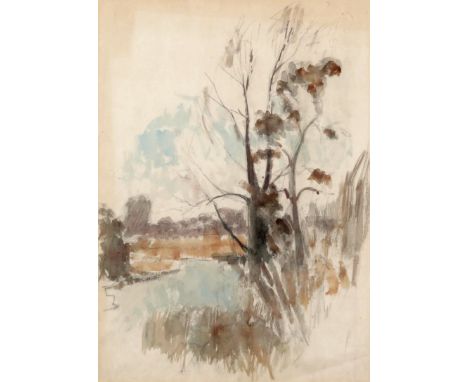 ‡ Rodrigo Moynihan RA (1910-1990) Winter river scene Watercolour over pencil 37 x 26cm Provenance: Redfern Gallery 15/7/58 ++