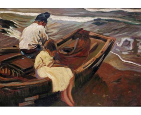 Swedish School 20th Century Figures on a fishing boat on the shore Oil on board 41 x 56cm ++Board cracked across upper right 