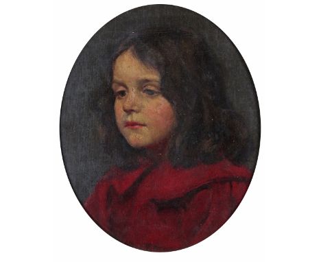 English School c.1900 Portrait of a young girl, head and shoulders wearing red Oil on canvas, oval 24 x 20cm