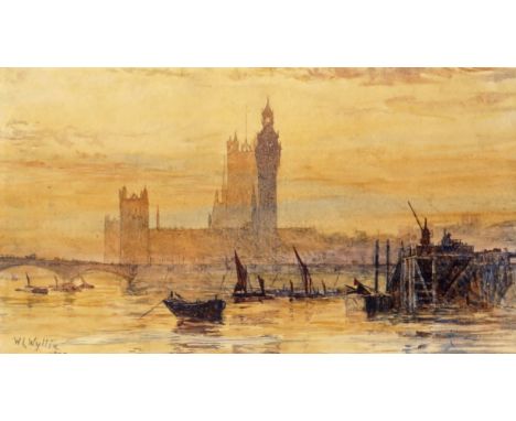 William Lionel Wyllie R.A. (1851-1931) The Thames at Westminster Signed and dated 1909 Watercolour 16 x 28cm Provenance: Bell