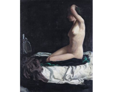 J. Brake Baldwin (1885-1915) Portrait of a nude, kneeling on a bed Signed Oil on canvas 106 x 84cm ++Unlined, one or two mino