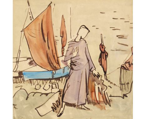 ‡ Edna Clarke Hall (1881-1979) The Quayside; At the Window Two, both signed, one dated 1901 Both pen, ink and watercolour 22 