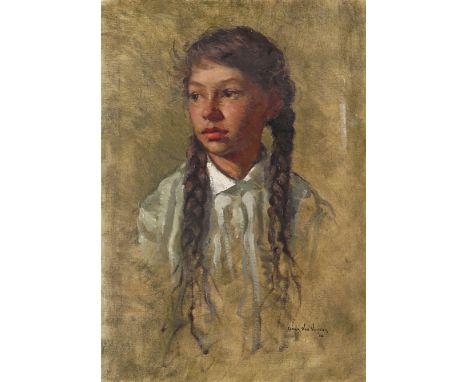 ‡ Omer Van Vosselen (Dutch b. 1934) Portrait of a girl with plaits Signed and dated '66 Oil on canvas, unframed 65 x 45cm