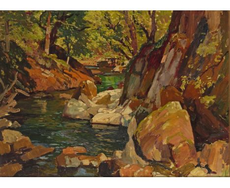 ‡ Samuel John Lamorna Birch R.A. (1869-1955) Rocky river landscape Signed Oil on canvas 46 x 61cm ++An area of flaking and li