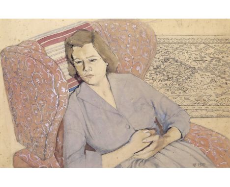 ‡ Norman Blamey (1914-2000) Portrait of the artist's wife, Margaret Signed with initials and dated 1950 Watercolour on buff p