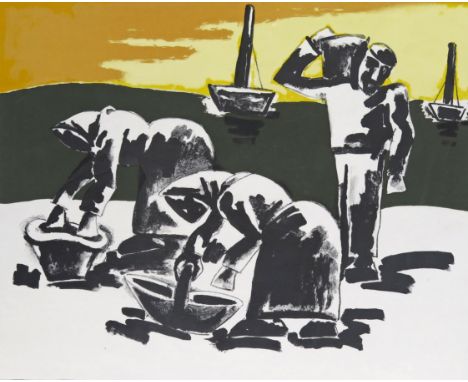 ‡ Josef Herman RA (1911-2000) Cockle gatherers Signed, also signed and dedicated on backing board verso Lithograph, artist's 
