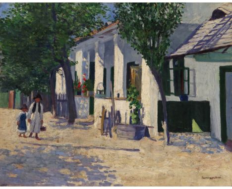 Hungarian School 20th Century Figures on a sunny street Signed Oil on canvas, unframed 50 x 63cm ++Some craquelure, some surf