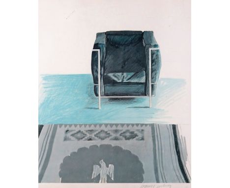 ‡ David Hockney RA (b.1937) Corbusier chair and rug Signed Offset print 61 x 51cm ++Some staining upper left, some foxing, a 