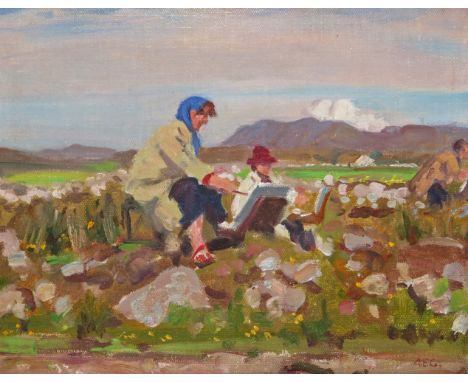 ‡ Alfred Egerton Cooper (1883-1974) Women sketching en plein air Signed with initials, also inscribed Laura Knight sketching 