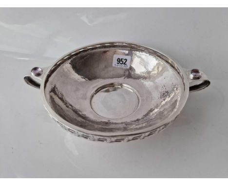 Good quality Arts and Crafts two handled bowl with Amethyst inset stones and hammered finish 10 wide. Chester 1912 By D E  G 