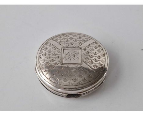 Georgian bright cut engraved patch box, gilt interior 1.25 inch diam. 1908 By W P