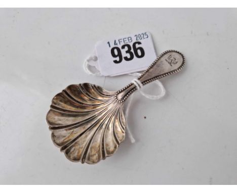 A good Victorian crested caddy spoon with shell bowl, Sheffield 1870 by M Hall &amp; Co