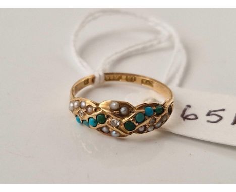 A antique half pearl turquoise and diamond ring Birmingham 1899 15ct gold size K 2.3 gms  