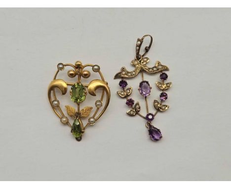 Two antique pendants peridot and pearl and amethyst and pearl both 9ct