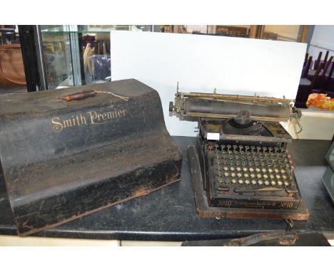 Smiths Premier No.10 Typewriter with Upper &amp; Lower Case Keyboard on Wooden Base with Metal Carrying Cover - Syracuse, New
