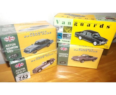 Atlas Editions 1:43 scale x 3 classic sports cars and 1 Vanguard 1:43 scale Cortina. P&amp;P Group 2 (£18+VAT for the first l