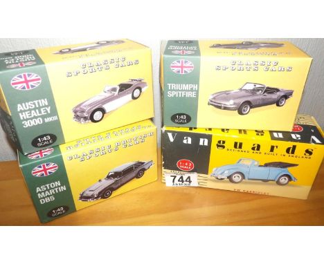 Atlas Editions 1:43 scale x 3 classic sports cars, and 1 Vanguard 1:43 Volkswagen. P&amp;P Group 2 (£18+VAT for the first lot