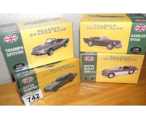 Atlas Editions 1:43 scale x 4 mixed classic sports cars. P&amp;P Group 2 (£18+VAT for the first lot and £2+VAT for subsequent