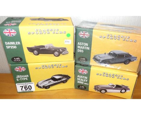 Atlas Editions 1:43 scale x 4 classic sports cars. P&amp;P Group 2 (£18+VAT for the first lot and £2+VAT for subsequent lots)