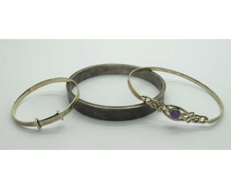 A Hallmarked Silver Stone Set Bangle of Celtic Design, to hook and loop fastening; together with a hallmarked silver hinged b