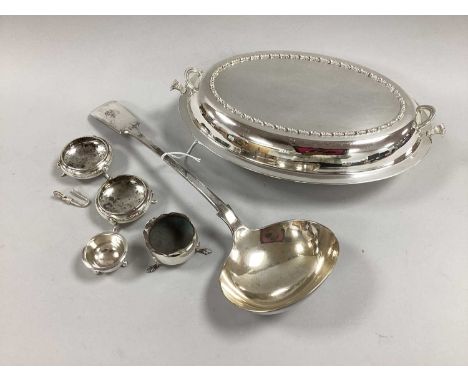 A Pair of Hallmarked Silver Salts, together with two further smaller hallmarked silver salts, a napkin holder clip, a fiddle 