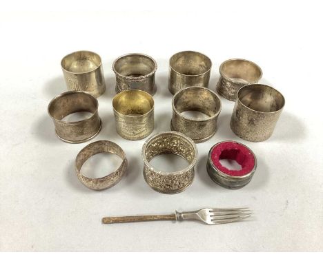 A Collection of Hallmarked Silver and Other Napkin Rings, (some initialled) a wine bottle drip ring, hallmarked silver fork (