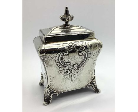 A Decorative Victorian Hallmarked Silver Caddy, GR, London 1848, of rectangular inverted baluster form, with pull off cover, 