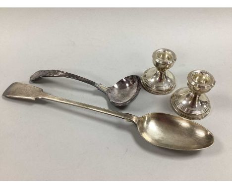 A Pair of Hallmarked Silver Dwarf Candlesticks, each with reeded decoration, 6cm high (weighted base); together with a plated
