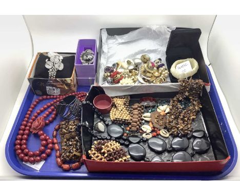 A Collection of Costume Jewellery, to include gilt coloured clip on earrings, hardstone statement necklace and bracelet, diam